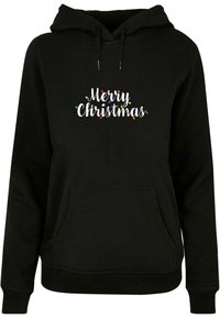 Svart hettegenser med teksten "Merry Christmas" og fargerike lyspære-detaljer, strukturert hette og lommer foran. Myk stoffkvalitet.