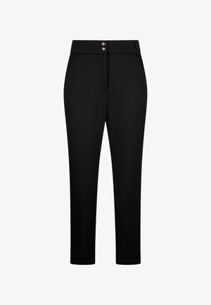 Zwarte, aangesloten broek van rekbaar materiaal met een gladde textuur, met een rits en twee decoratieve knopen in de taille.