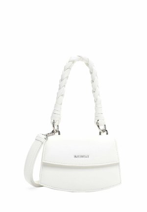 White leather handbag with braided handle, silver hardware, and a detachable strap, featuring a flap closure and a small logo plaque.