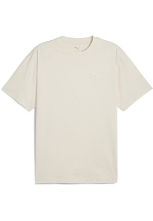 T-shirt in cotone crema con maniche corte, collo rotondo e logo in rilievo sul lato sinistro del petto. Texture morbida, vestibilità rilassata, design minimale.