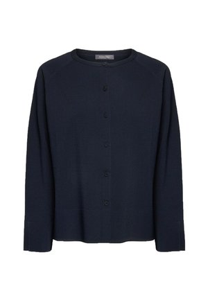 Cardigan blu navy scuro con scollo tondo, maniche lunghe e bottoni frontali. Realizzato in tessuto morbido e strutturato. Presenta una vestibilità comoda.