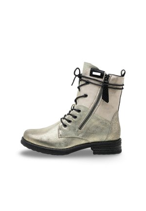 Bottines en cuir métallisé doré avec lacets noirs et fermeture éclair sur le côté. Comprend un dessus texturé et un talon empilé bas.