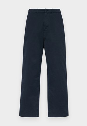 Navy blue cotton trousers with a straight leg design, featuring a front button closure and belt loops. Simple, solid texture with no patterns.