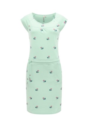 Robe courte à manches courtes vert clair avec de petites imprimés floraux roses et vert foncé, taille à cordon et encolure ronde.