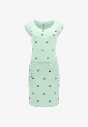 Hellgrünes kurzärmeliges Kleid mit kleinen pinken und dunkelgrünen Blumenmustern, Tunnelzug in der Taille und rundem Ausschnitt.