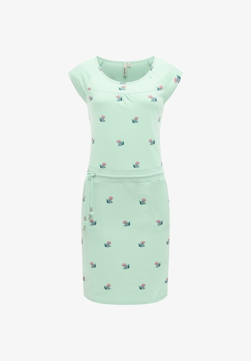 Lichtgroene jurk met korte mouwen, voorzien van kleine roze en donkergroene bloemenprints, een aantrekkoord in de taille en een ronde halslijn.