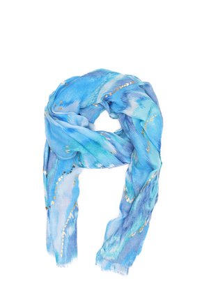 Sciarpa leggera in sfumature di blu con un motivo fluido e dettagli dorati. Texture morbida e trasparente con bordi frangiati. Forma rettangolare.