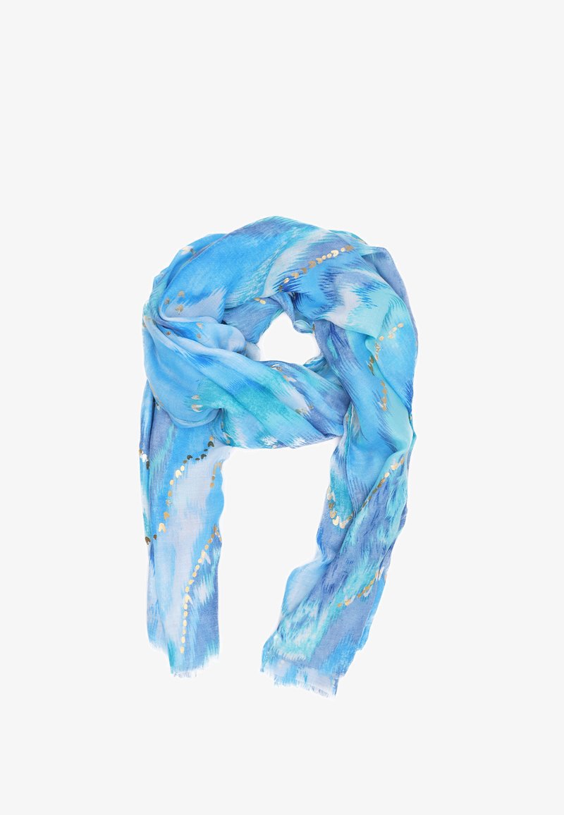 Sciarpa leggera in sfumature di blu con un motivo fluido e dettagli dorati. Texture morbida e trasparente con bordi frangiati. Forma rettangolare.