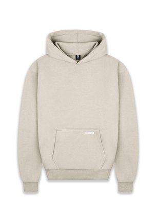 Beige hoodie with a spacious front pocket, soft fabric, ribbed cuffs and hem, and a logo tag at the pocket. Adjustable drawstring hood.