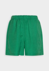 Shorts verts avec une taille élastique, fabriqués en tissu léger. Présentent un design simple sans poches et une texture lisse.