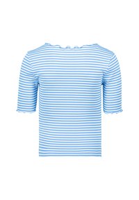 Blå og hvid stribet kortærmet top med en scallop-halsudskæring og kant, lavet af ribbet stof. Har en tætsiddende design.