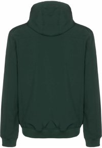 Bluza z kapturem w ciemnozielonym kolorze, charakteryzująca się gładką teksturą materiału, prążkowanymi mankietami i dołem oraz prostym, nowoczesnym wzornictwem.