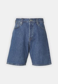 Denim shorts, blue color, classic five-pocket design, straight cut, zip fly with button closure, raw hem. Fabric shows subtle texture.