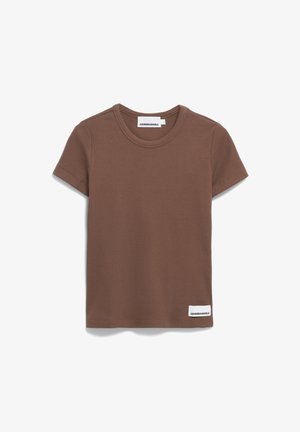 Bruine korte mouw t-shirt van zachte katoen, met een ronde halslijn en een klein logo label op de linker zoom. Eenvoudige, geribbelde textuur.