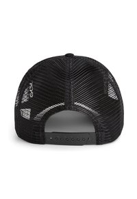 Schwarze Mesh-Trucker-Mütze mit strukturiertem Vorderpanel, verstellbarem Kunststoffriegel und Belüftungslöchern auf der Rückseite für Atmungsaktivität.
