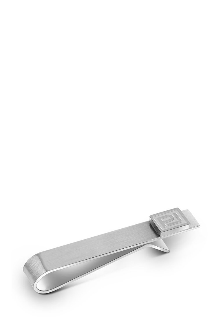 Srebrny metalowy klips na pieniądze o gładkim, szczotkowanym wykończeniu i kwadratowym, wygrawerowanym logo na górze, wyróżniający się eleganckim, minimalistycznym designem.