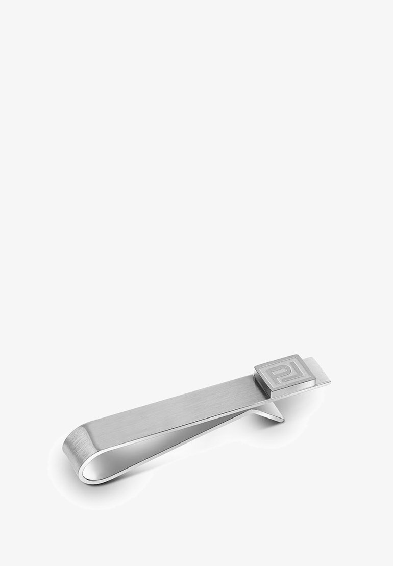 Srebrny metalowy klips na pieniądze o gładkim, szczotkowanym wykończeniu i kwadratowym, wygrawerowanym logo na górze, wyróżniający się eleganckim, minimalistycznym designem.