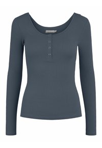 Haut à manches longues côtelé en gris foncé, avec un col rond et une patte de boutonnage à trois boutons à l'avant. Texture lisse sur l'ensemble.