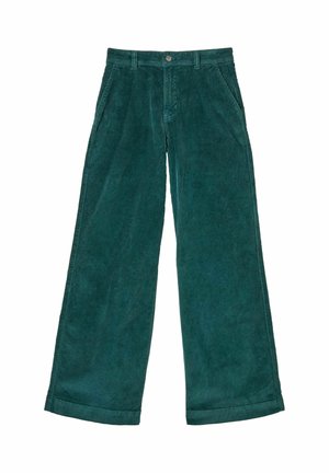 Dunkelgrüne, weit geschnittene Cordhose mit vorderen Taschen, Gürtelschlaufen und einem Knopfverschluss an der Taille.