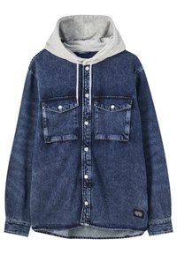 Jeansskjorta med grå hoodie; två bröstfickor, tryckknappar, långa ärmar och rundad nederkant. Mörkblå denim med en mjuk, strukturerad känsla.