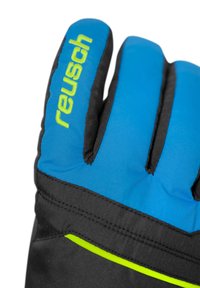 Guanti isolanti blu e neri con accenti e cuciture verdi. Presentano tre compartimenti separati per le dita per flessibilità e presa.