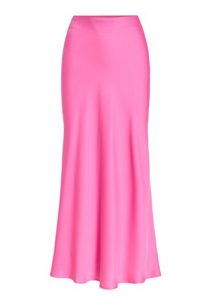 Jupe midi en satin rose vif avec une taille ajustée et un léger évasement vers l'ourlet, tissu lisse et brillant, sans motifs ni embellissements.