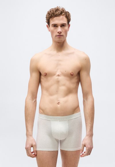 Νεαρός άνδρας με σγουρά μαλλιά, ντυμένος με ανοιχτό μπεζ εσώρουχα boxer, όρθιος μπροστά σε απλό ανοιχτό γκρι φόντο, κοιτάζοντας μπροστά.