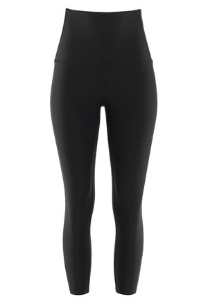Höga svarta leggings gjorda av elastiskt tyg. Har en slät yta, figurnära design och inget synligt hårdvara eller mönster.