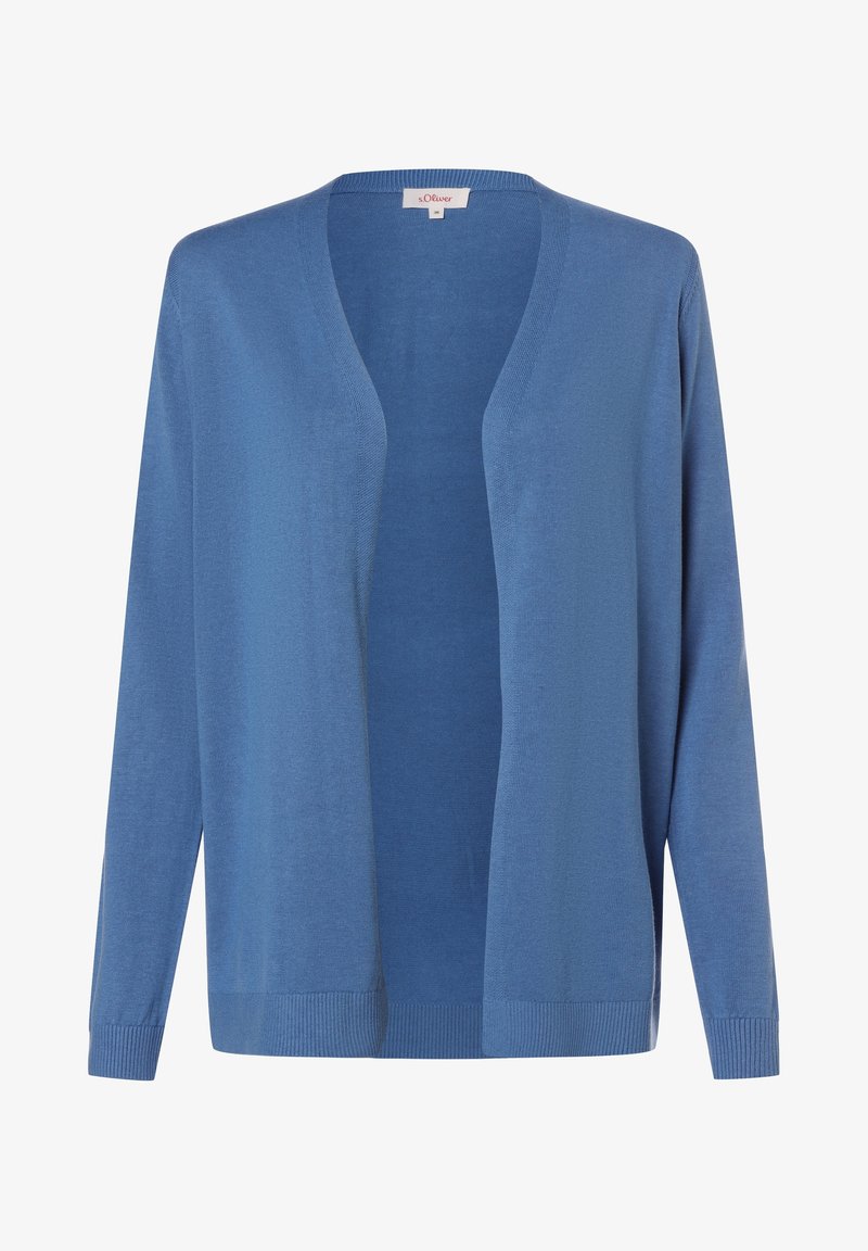 Cardigan bleu clair ouvert devant avec manches longues et poignets ainsi qu'ourlet côtelés, présenté sur fond blanc.