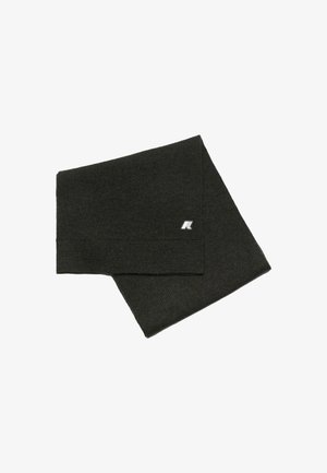 Sciarpa verde scuro a maglia con una trama a coste, piegata ordinatamente. Presenta un piccolo logo bianco su un bordo. Adatta per il freddo.