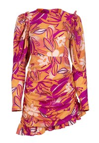 Robe florale dans des teintes d'orange et de rose. Dotée de longues manches bouffantes, de fronces sur les côtés et d'un ourlet à volants. Fabriquée en tissu léger.