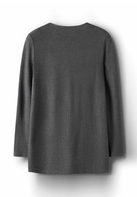 Maglietta a maniche lunghe, grigio scuro, realizzata in un tessuto morbido e strutturato. Presenta un collo rotondo e un taglio dritto. Design minimalista, senza fantasie.