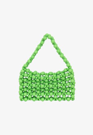 Grøn perle håndtaske med et rundt håndtag, der har et gitterlignende mønster af teksturerede sfæriske perler i en livlig limegrøn farve.