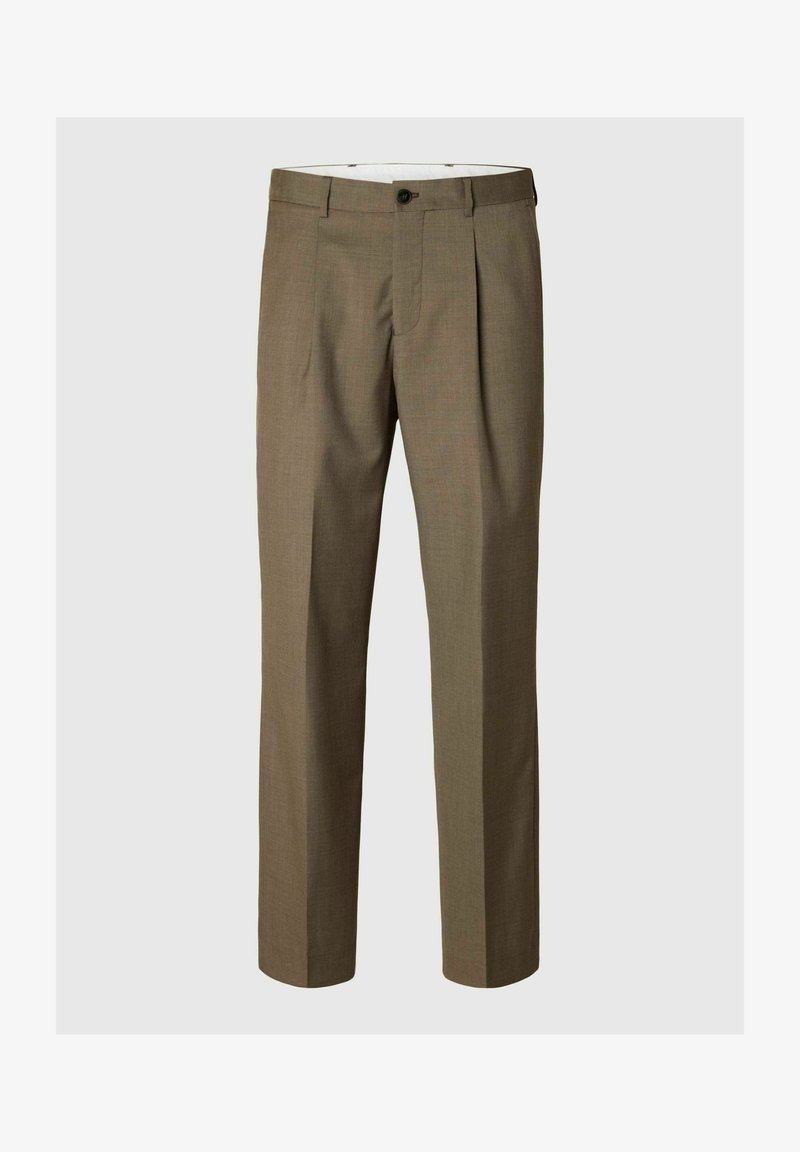 Brūnas krokuotas ķīnas bikses ar vienmērīgu tekstūru, pogu aizdari un taisnu kāju dizainu, ar vieglu austas raksta izsmalcinātību.