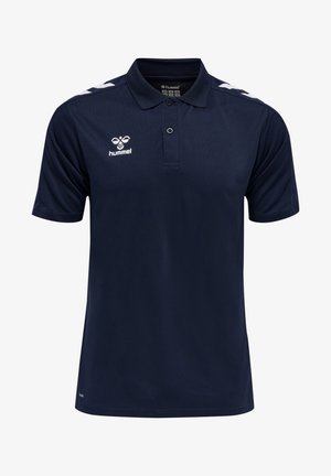 Tummansininen polo-paita, joka on valmistettu hengittävästä kankasta. Siinä on klassinen kaulus, kaksipainikepainike ja valkoisia yksityiskohtia olkapäissä.