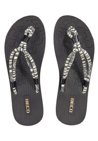Schwarze Flip-Flops mit strukturiertem Sohle, ausgestattet mit schwarz-weiß gewobenen Riemen und einem goldenen "BECO"-Logo. Blütenmuster auf der Fußbett geprägt.