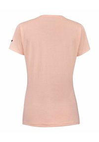 Lichtroze T-shirt, korte mouwen, ronde halslijn, slim fit, gemaakt van zachte stof. Geen zichtbare graphics of patronen, eenvoudig ontwerp.