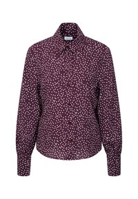 Lila lange mouwen knoopshirt met witte stippen, puntige kraag en geknoopte manchetten.