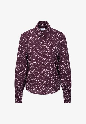 Lila lange mouwen knoopshirt met witte stippen, puntige kraag en geknoopte manchetten.