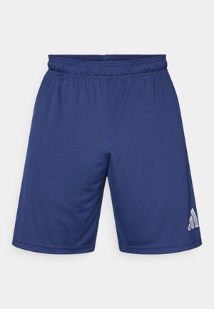 Navy blue athletic shorts with elastic waistband and a small white logo on the lower left leg.