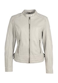 Giacca in pelle grigia chiara con colletto, chiusura frontale con zip e due tasche con zip. Dotata di dettagli trapuntati in vita.