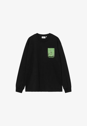 Black long-sleeve shirt with a green graphic on the left chest showing a roaring lion and text below it.