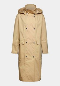 Cappotto impermeabile beige lungo con cappuccio, bottoni neri doppi, tasche a patta e maniche lunghe su sfondo uniforme.