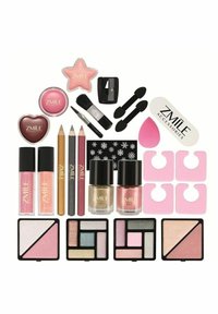 Kosmetiikkasarja, joka sisältää erilaisia tuotteita: huulikiiltoa, poskipunaa, silmänrajauksia, kynsilakkaa ja levitysapuja vaaleanpunaisissa, kullankeltaisissa ja muissa sävyissä. Sisältää myös meikkisienen.