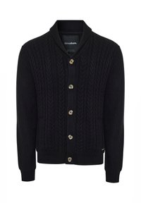 Cárdigan negro de punto con un diseño de cable texturizado, cuello chal y seis botones de color claro. Puños y dobladillo acanalados. Material de mezcla de algodón.