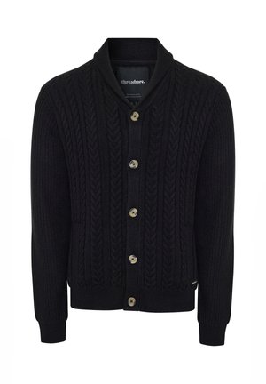 Schwarzer, gestrickter Cardigan mit einem strukturierten Zopfmuster, Schalkragen und sechs hellen Knöpfen. Rippbündchen und Saum. Material aus Baumwollmischung.