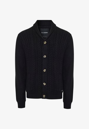 Cárdigan negro de punto con un diseño de cable texturizado, cuello chal y seis botones de color claro. Puños y dobladillo acanalados. Material de mezcla de algodón.