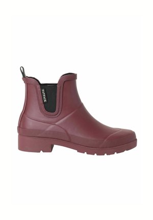 Bordeauxfarbener Knöchel-Regenstiefel mit schwarzen elastischen Seitenteilen und einer Lasche an der Ferse, mit strukturierter Sohle und FatFace-Label.