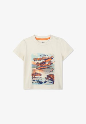 Kortærmet t-shirt i cremefarve med et farverigt grafisk motiv af et seaplane og landskab, med orange detaljer omkring halsudskæringen og knapdetaljer.