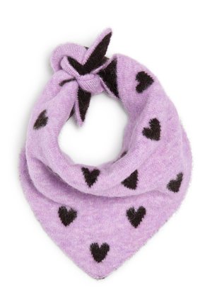 Écharpe tricotée lilas avec des motifs de cœurs noirs, pliée et nouée en boucle avec une extrémité ressortant.